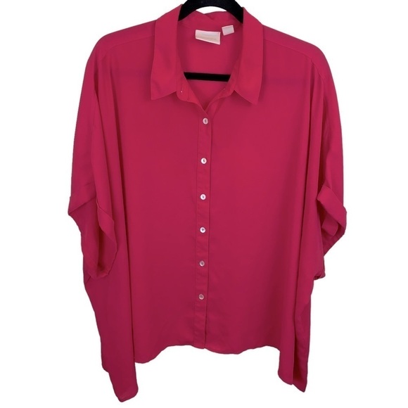 Chico's sz 3/XL Hot Pink Fuchsia Oversized Short Sleeve Button Up Blouse - Picture 1 of 7